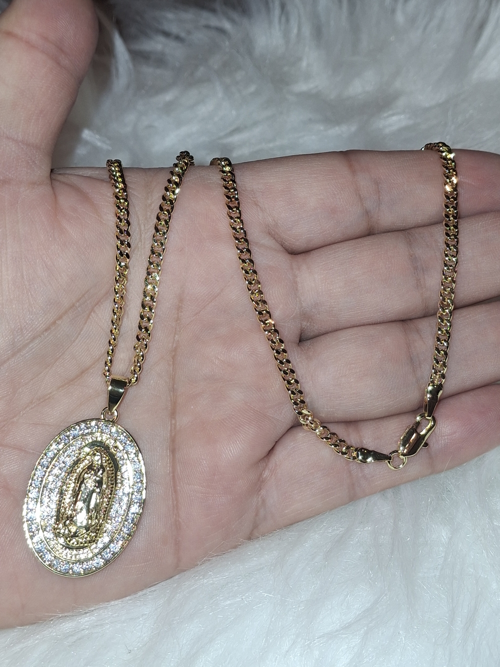 Gold-Tone Virgin Mary Pendant Necklace with Cubic Zirconia Accent